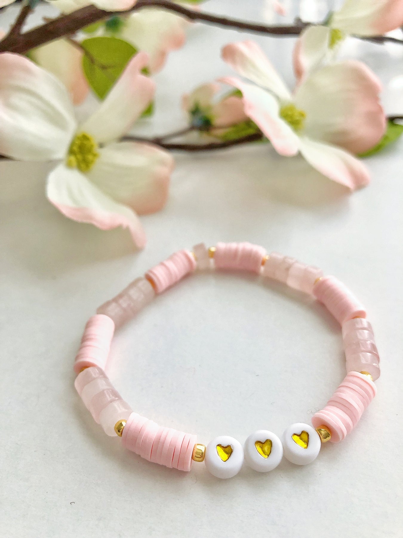 🫶🏼clay bead bracelet! With Pink Clay Beads Gold Beads And A Heart  Charm!🤍